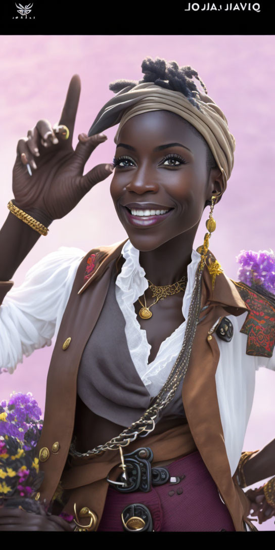 Smiling woman in headscarf and braids with gold accessories in pirate-inspired outfit