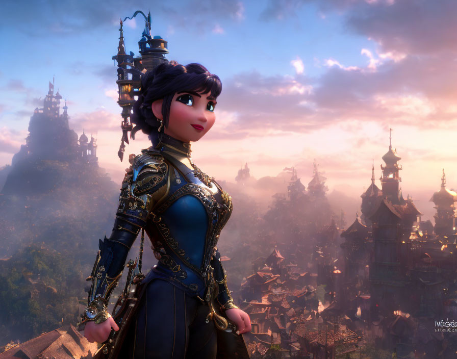 Dark-Haired Female 3D Character in Medieval Outfit at Sunset