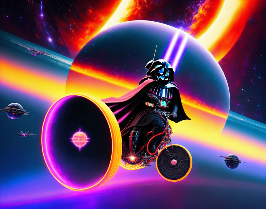 Sci-fi character on glowing wheel bicycle in cosmic scene