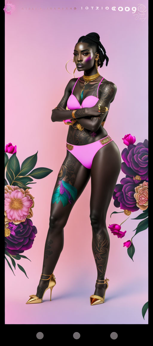 Digital illustration of dark-skinned woman in lavender bodysuit with tattoos, gold heels, and hoop