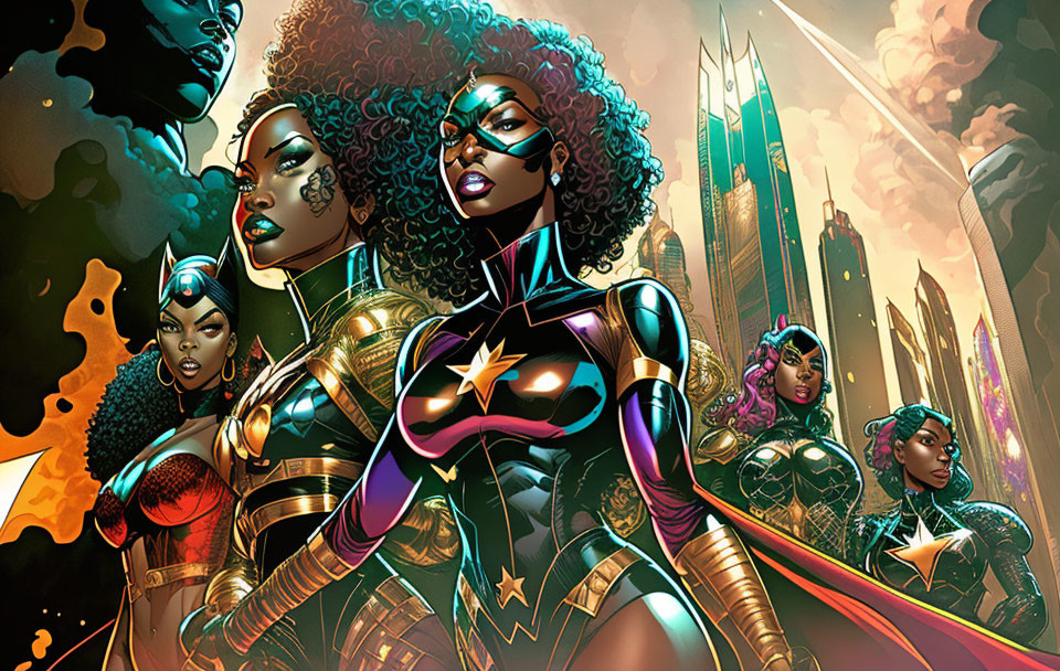 Five Superheroines in Vibrant Illustration Against Futuristic Cityscape