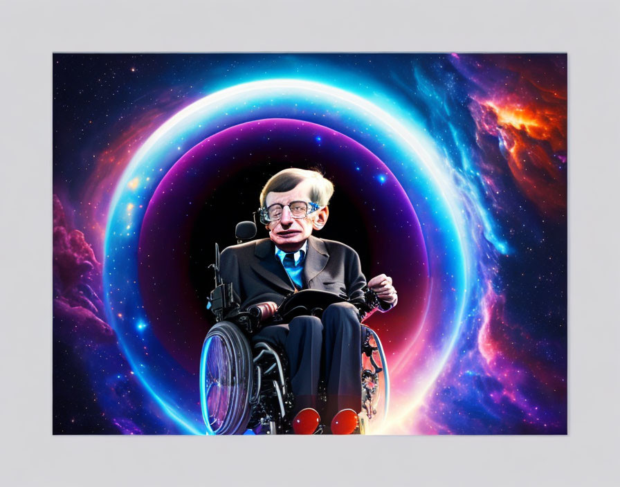 Vibrant cosmic digital artwork with wheelchair-bound figure