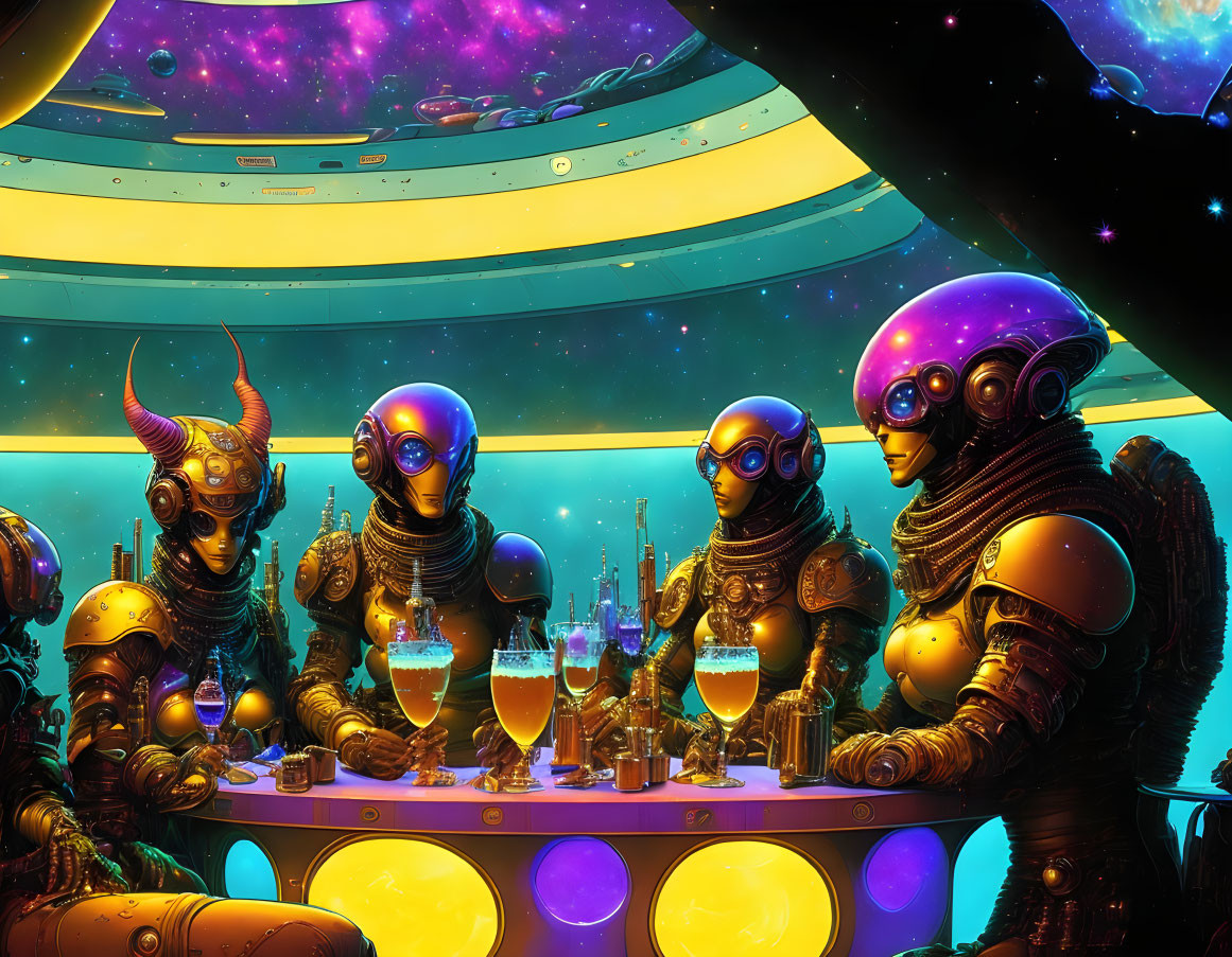 Futuristic humanoid robots at bar with cosmic backdrop