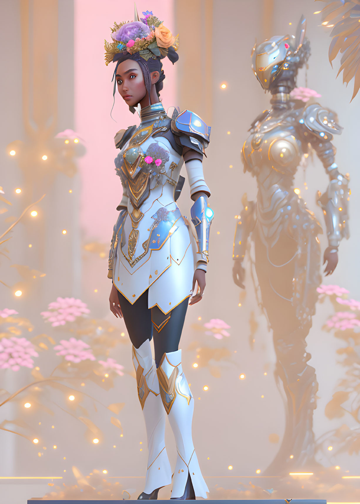 Futuristic female warrior and robotic knight in 3D illustration