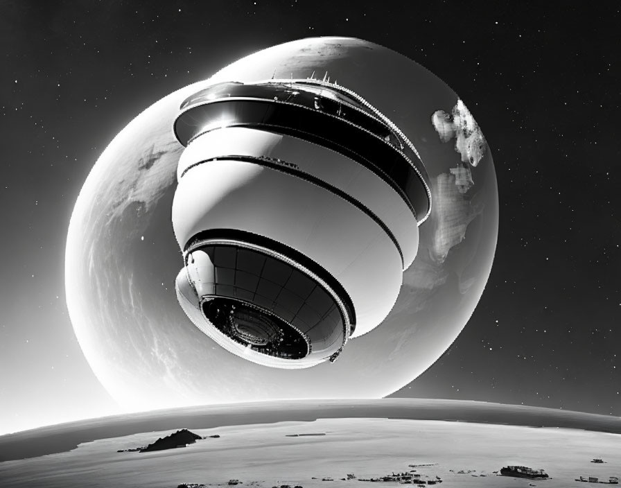 Monochrome artwork of futuristic space station orbiting textured planet in starry sky