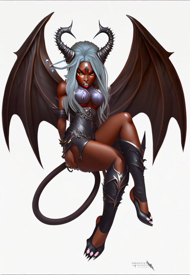 Fantasy female demon with gray skin, horns, red eyes, bat wings, and dark armor in