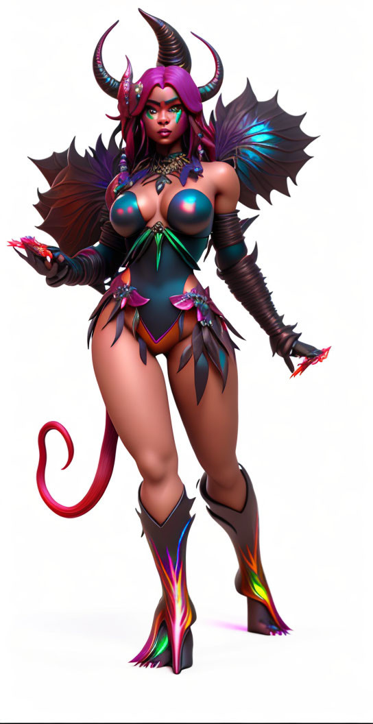 Digital artwork: Female character with demon features, horns, wings, tail, in vibrant fantasy armor