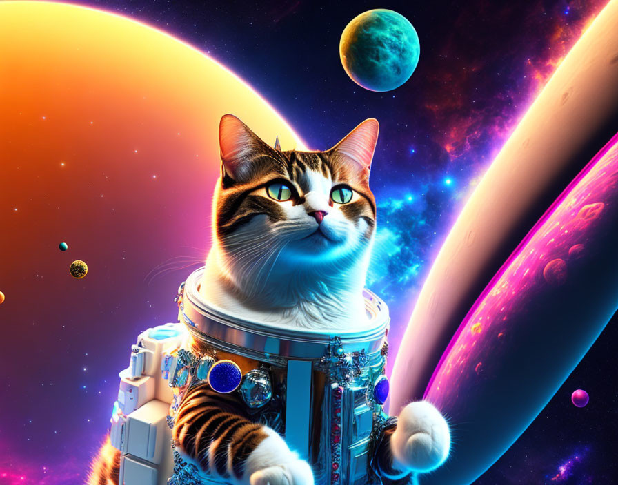 Cat in space suit surrounded by planets and star