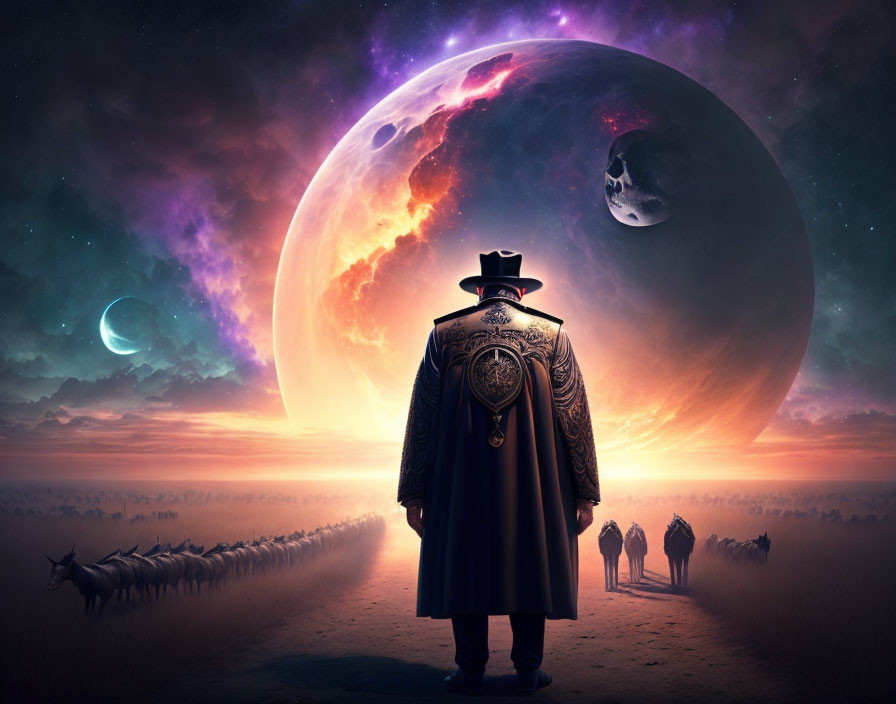 Cloaked Figure in Hat Surrounded by Surreal Planetary Landscape