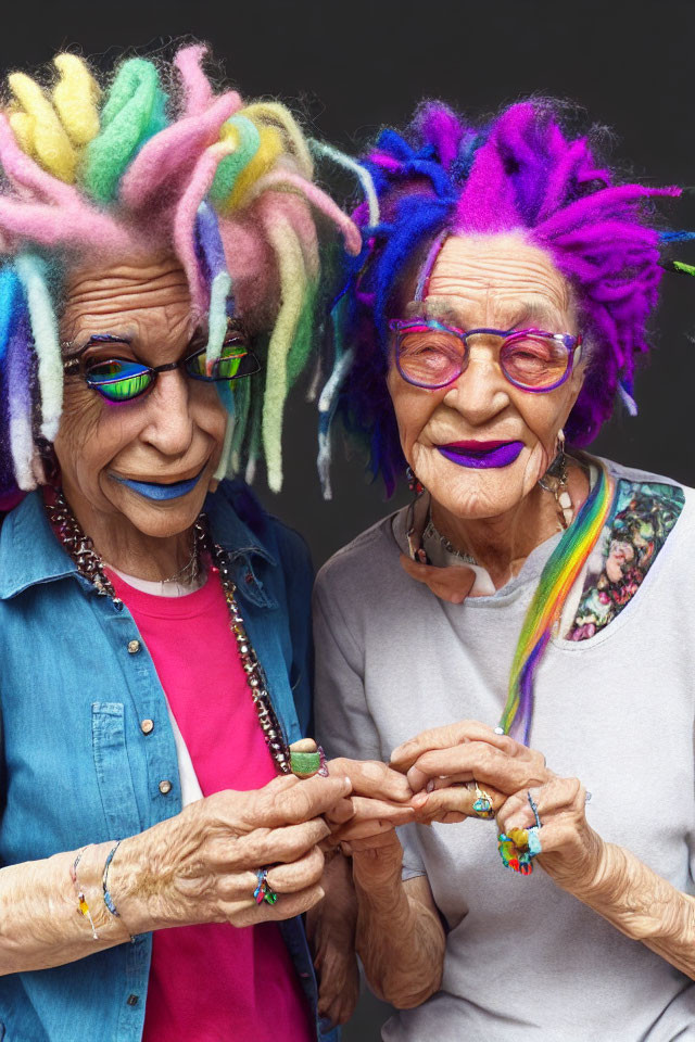 Elderly Couple with Rainbow Hair Smiling and Holding Hands