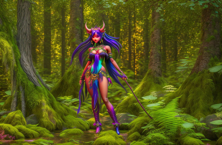 Colorful fantasy character with horns and wings in mystical forest with staff