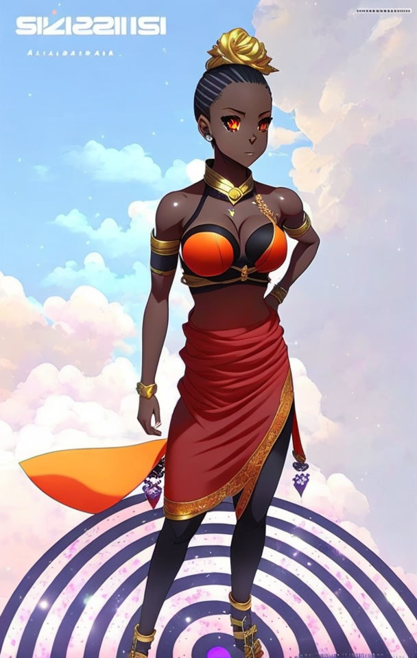 Brown-skinned animated character in red and gold futuristic attire against cloudy sky.