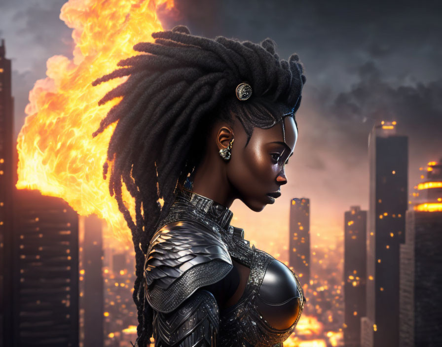 Woman with intricate dreadlocks and armor against fiery explosion and city skyline at dusk