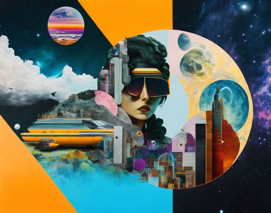 Surrealist collage with woman, cityscape, and celestial bodies on space-themed background