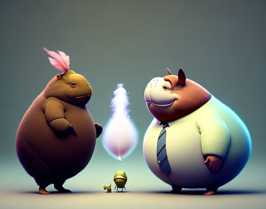 Stylized capybara and hamster characters in business attire with tiny frog and perfume bottle