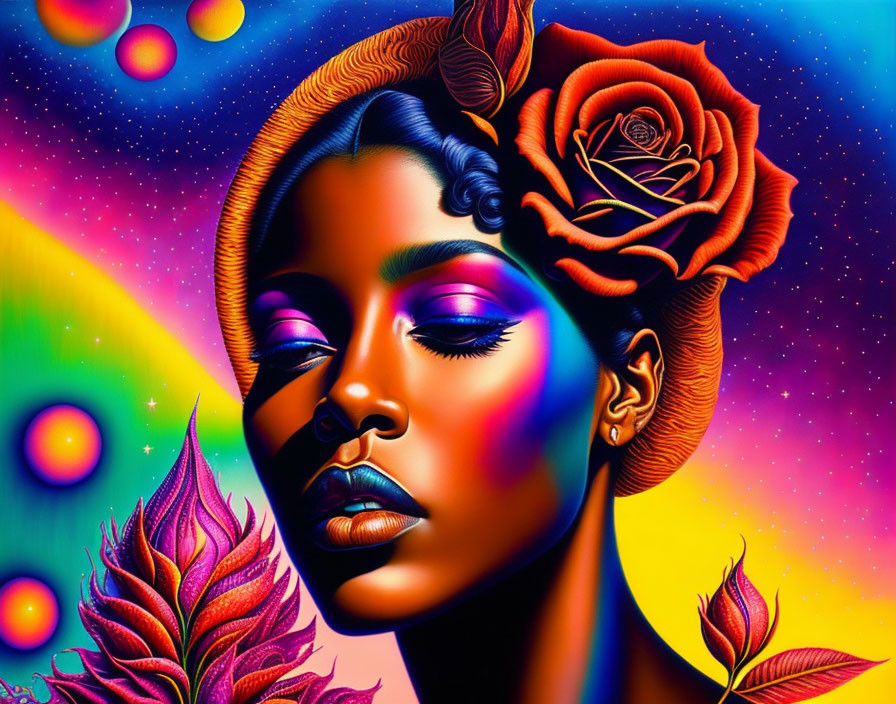 Colorful digital artwork featuring a woman with a rose in her hair