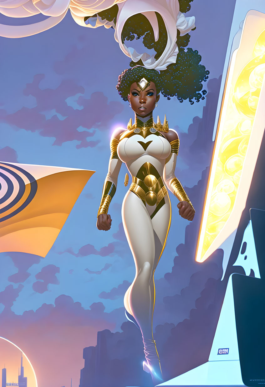 Female superhero in white and gold futuristic costume floating in sci-fi cityscape.