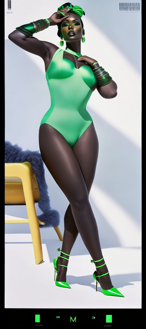 Stylized female figure in green bodysuit with matching accessories and yellow chair