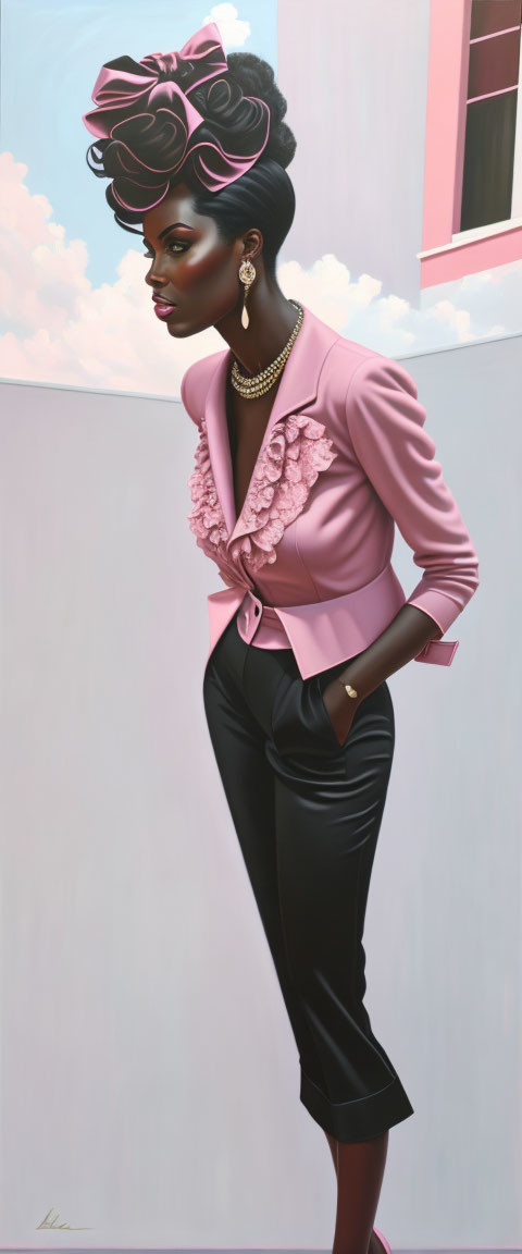 Woman in Pink Jacket with Ruffled Details and Ornate Hairdo