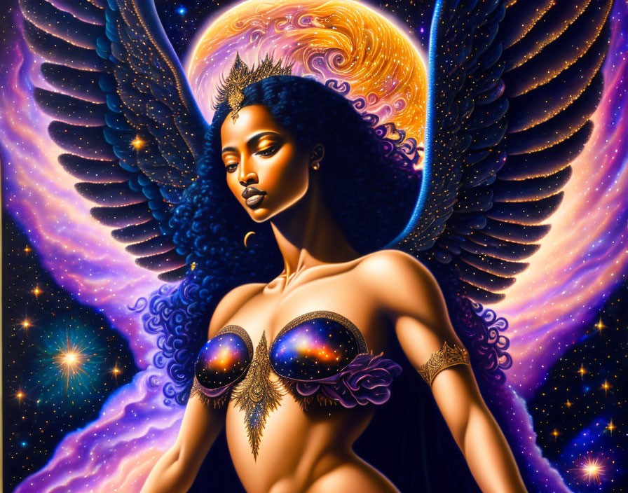 Fantasy figure with wings and cosmic theme in vibrant colors