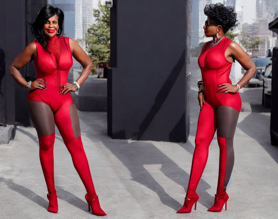 Bold Red Bodysuit Woman Stands in Urban Setting