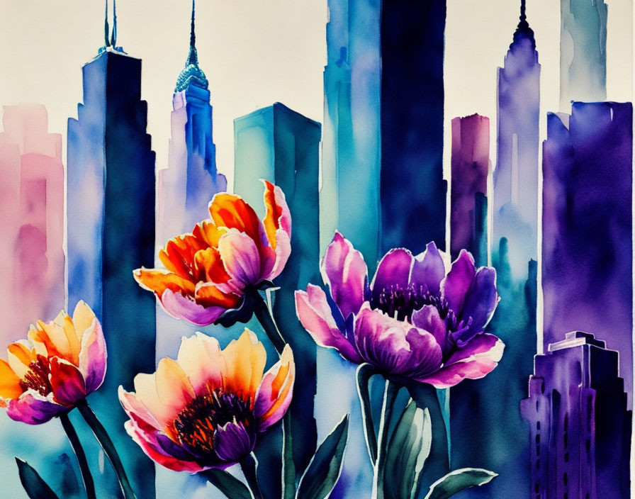 Colorful watercolor painting of city skyline and tulips on dreamy backdrop