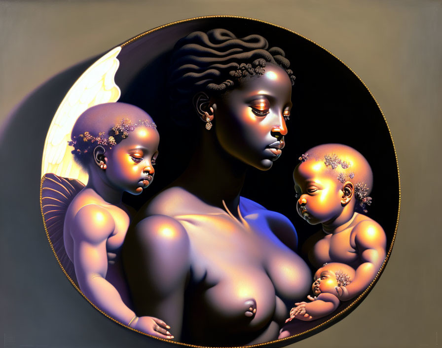 Surreal artwork: Woman with glowing skin, holding infants, luminescent butterfly wing