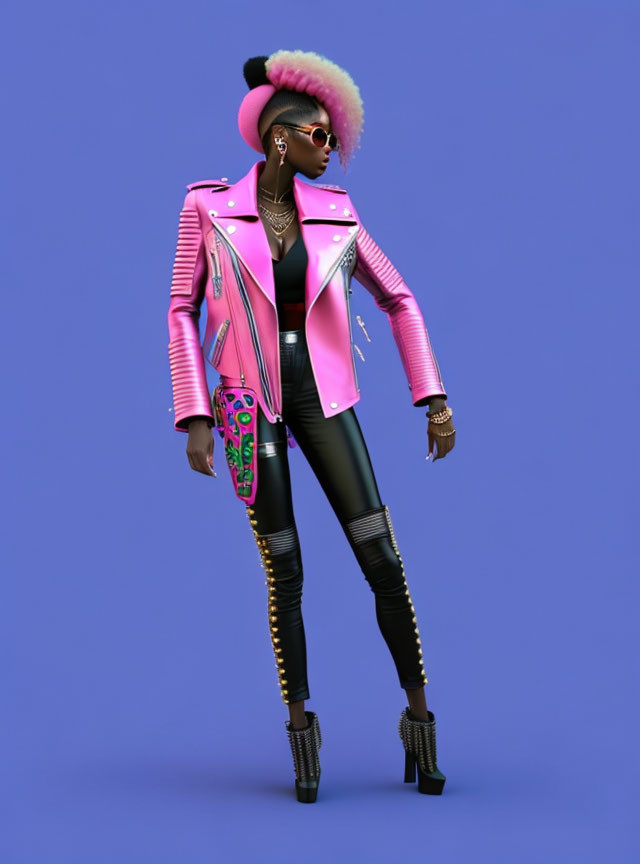 Colorful 3D character in pink jacket, black pants, heels & sunglasses on blue backdrop