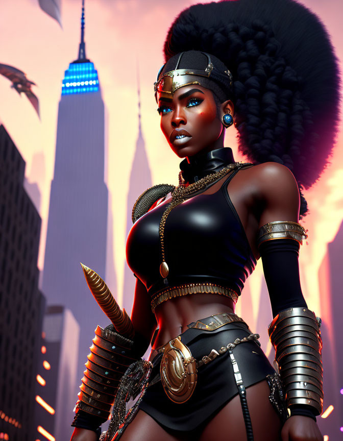 Stylized warrior woman with ebony hair in gold armor against futuristic cityscape