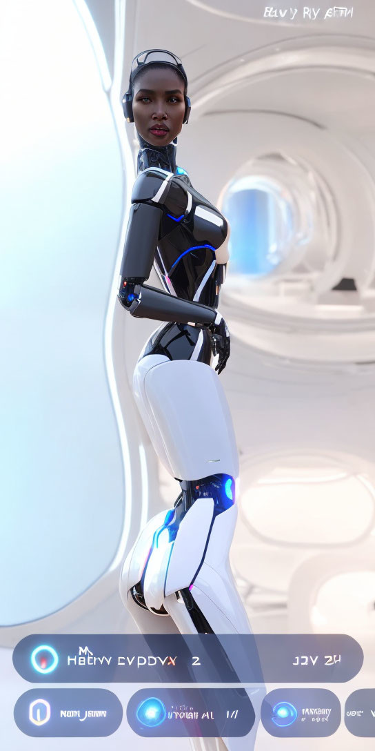 Futuristic female android in black and white armor with blue accents in sci-fi corridor