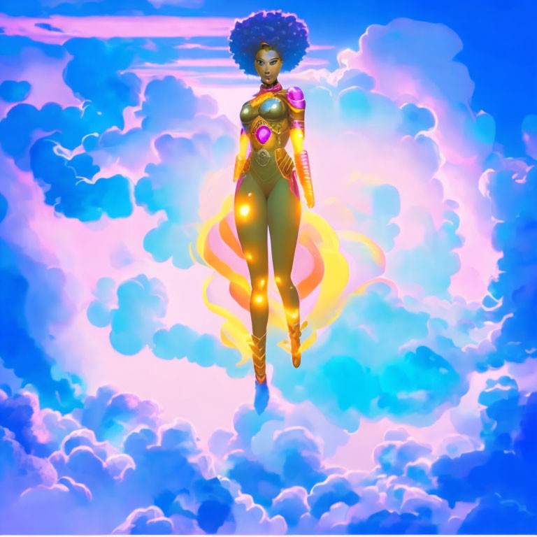 Female superhero in golden and pink armor floating in vibrant sky with glowing aura