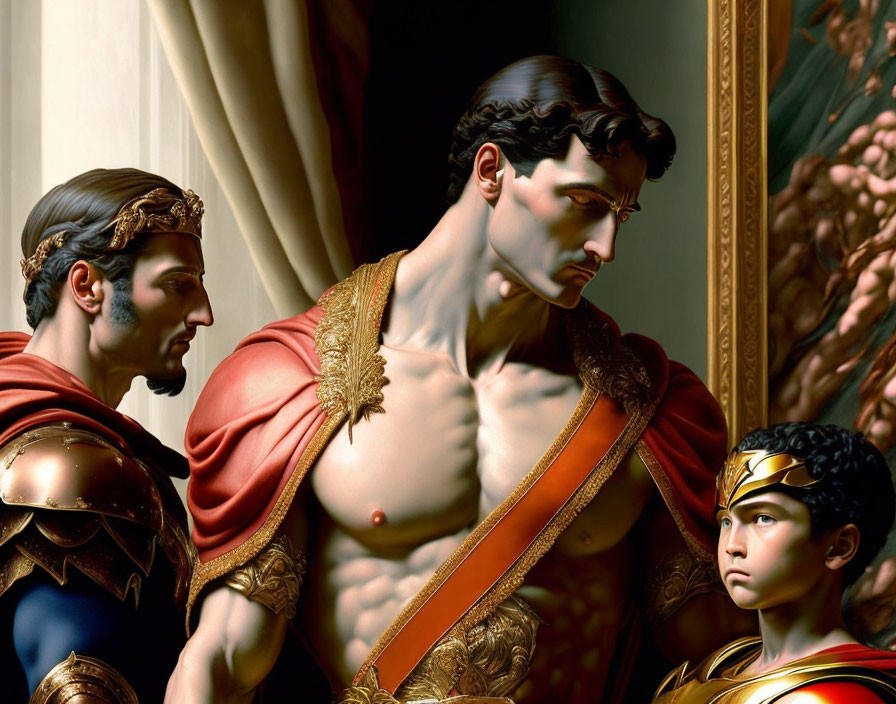 Hyper-realistic classical character figures: muscular man in toga with two in armor