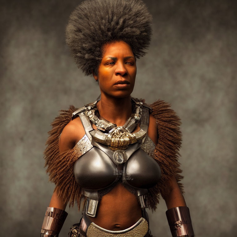 Solemn woman in futuristic armor with afro and metal details