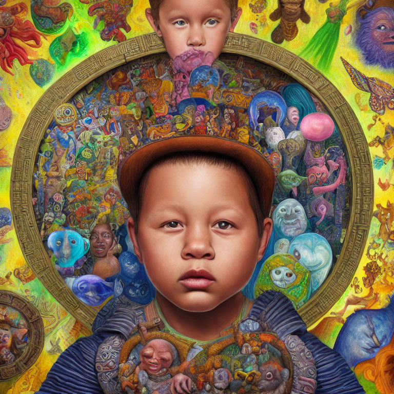 Colorful Artwork: Child's Face Surrounded by Fantastical Creatures