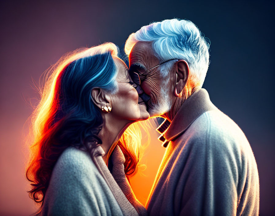 Elderly Couple Kissing in Warm Lighting