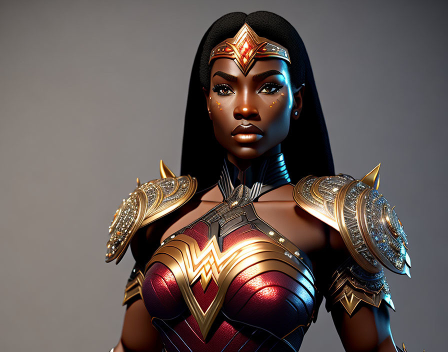 Warrior Woman 3D Illustration with Elaborate Golden Armor