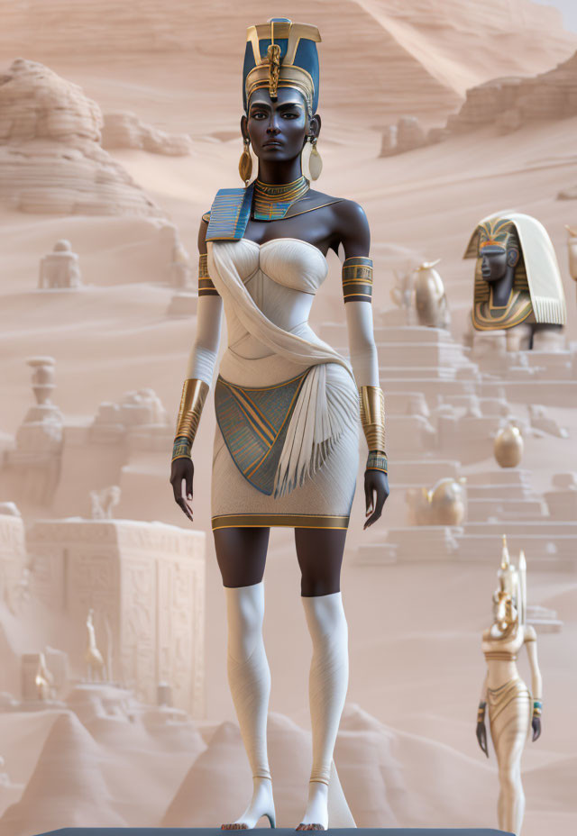 Stylized Cleopatra Illustration with Egyptian Headdress and Desert Background