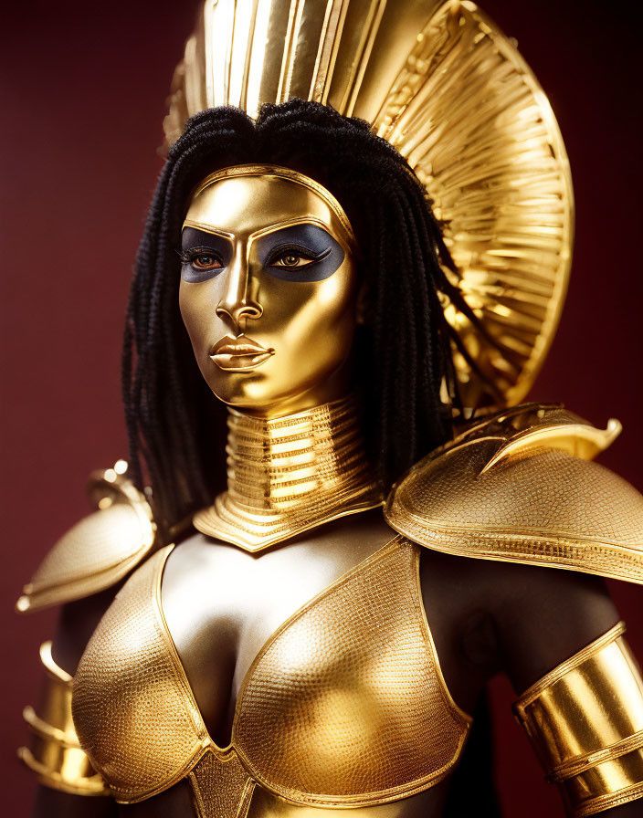 Golden stylized Egyptian armor and headdress on person with dramatic makeup