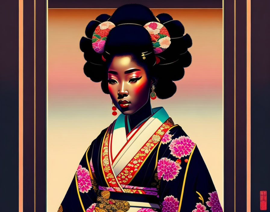 Stylized digital art: Woman in Japanese attire with floral hairstyle