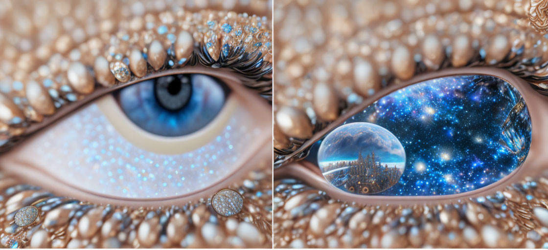 Diptych contrasting human eye with surreal starry universe and cityscape reflection