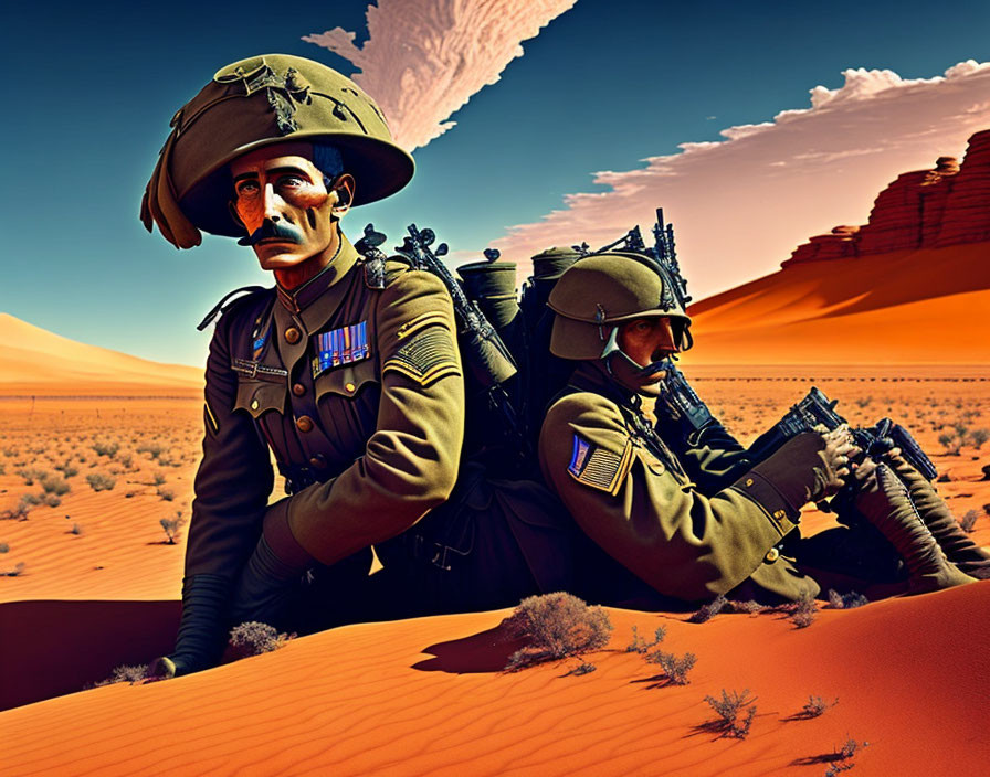 Historical military soldiers on desert dune under blue sky