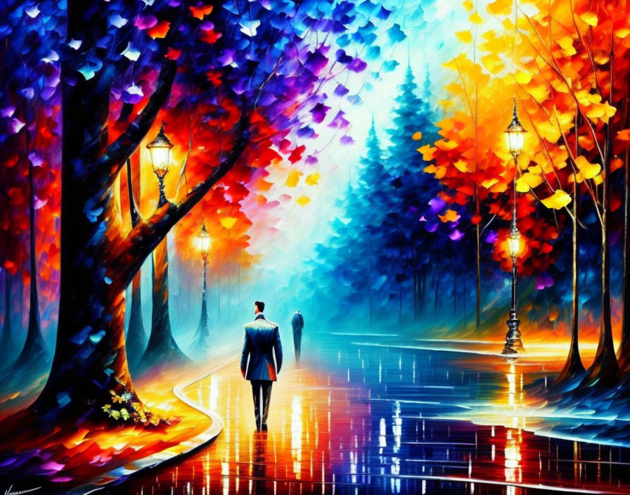 Colorful painting: Person walking on reflective path with luminous trees and rainbow sky