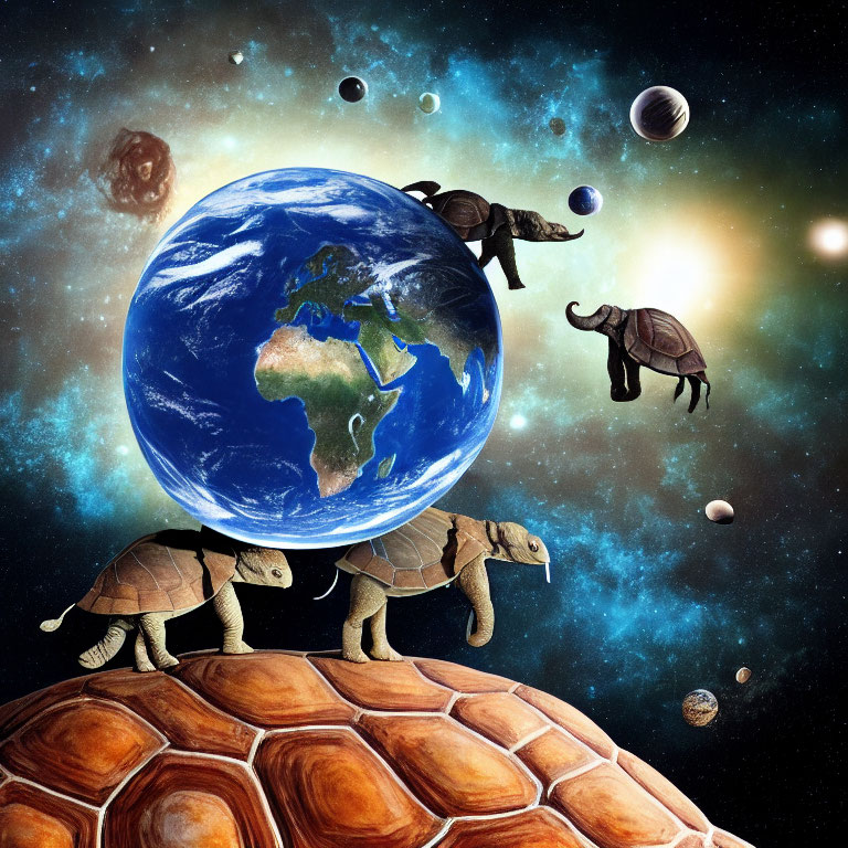 Stacked turtles with Earth on top in surreal cosmic scene