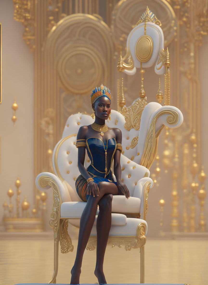 Regal woman in blue and gold dress on white throne