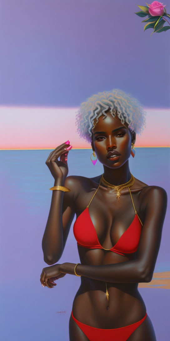 Woman with White Hair in Red Bikini and Golden Jewelry at Sunset with Rose Sky