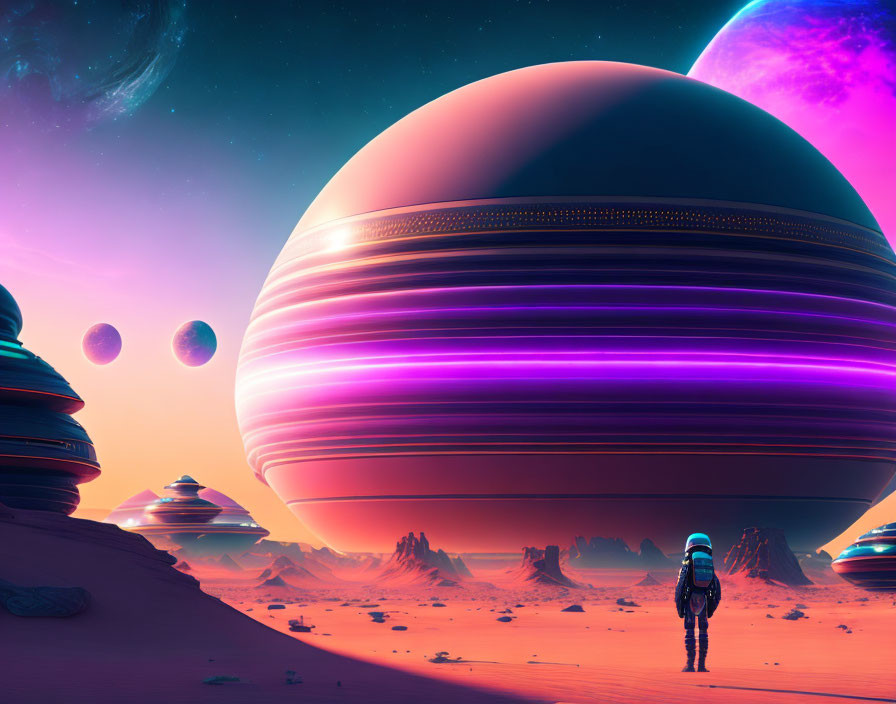 Astronaut on alien desert with ringed planets and purple sky