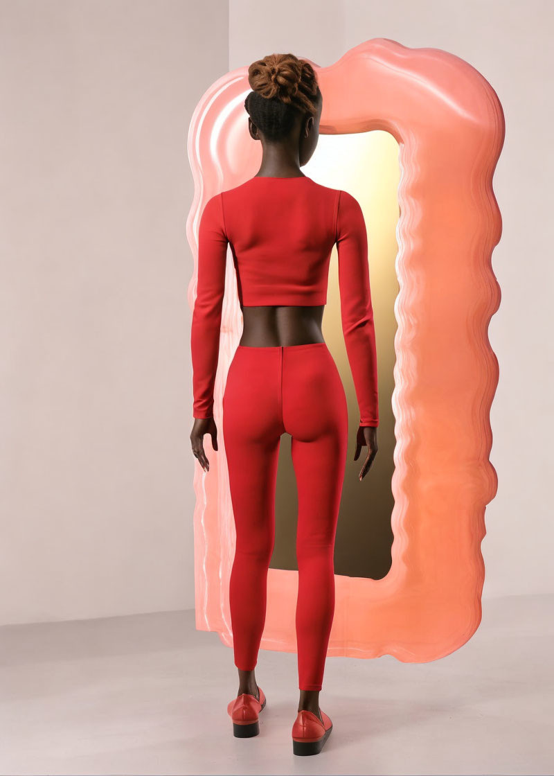 Person in Red Outfit Standing Before Uniquely Shaped Mirror