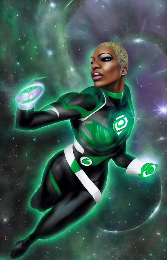 Female Green Lantern superhero flying through space with power rings in comic-style illustration