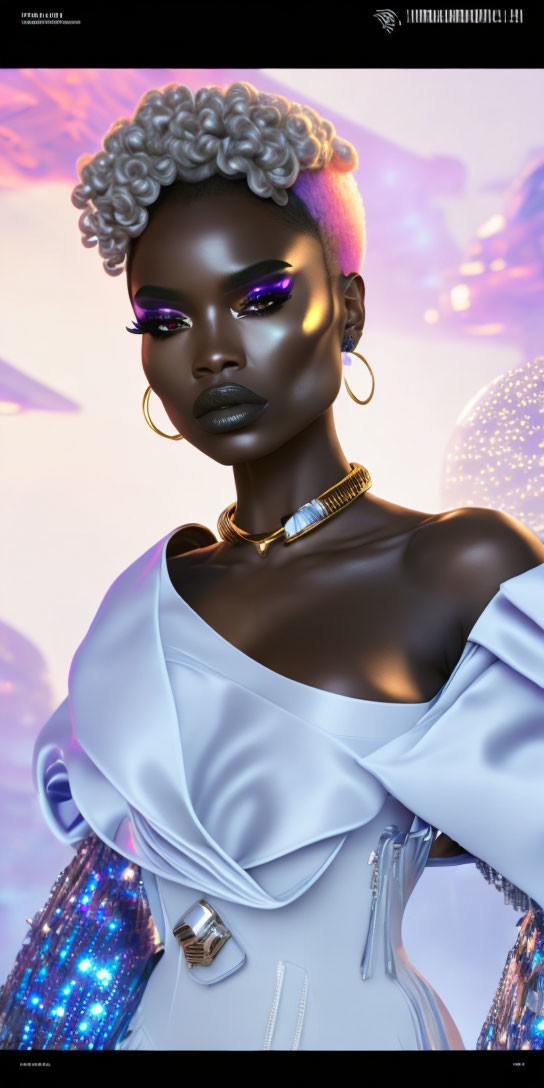 Digital Artwork: Woman with Silver Hair, Purple Eyeshadow, Off-Shoulder Dress