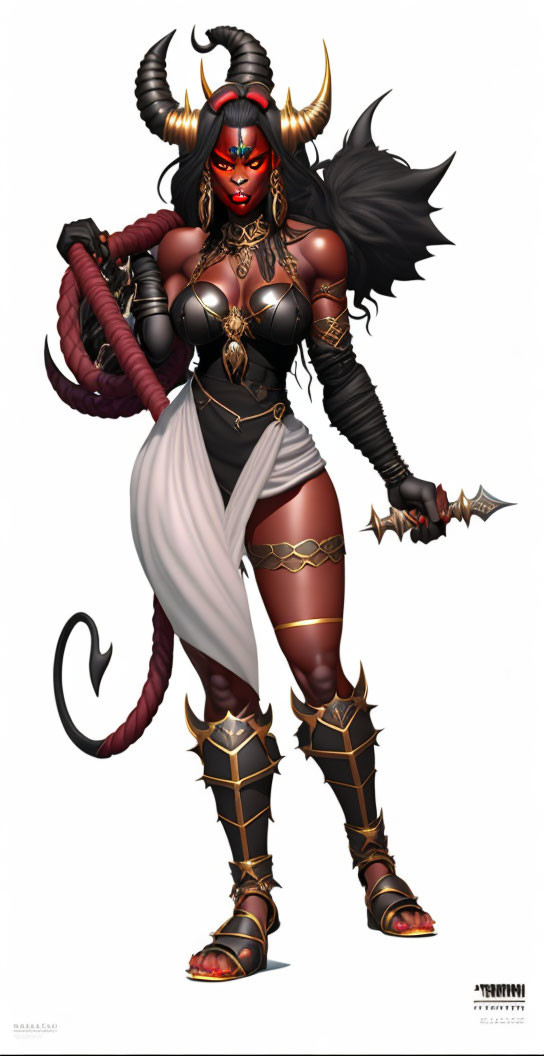 Female demon character with horns, red skin, black armor, and spiked mace.